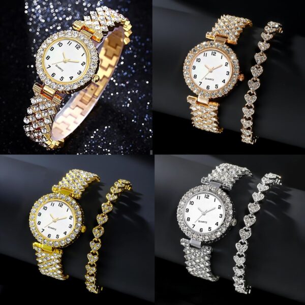 6 Pack Set Diamond Watches and Bangle Bracelet for Women Analog Quartz Wristwatch Jewelry Assorted Wholesales Silver Rosy Gold Ladies - Image 2