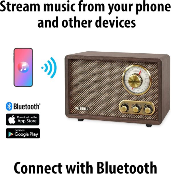 Victrola Willow – Retro Wood Bluetooth Radio with Built-in Speakers: Elegant & Vintage Design, Rotary AM/FM Tuning Dial, Bass & Treble Control, Wireless Streaming (Espresso) - Image 3