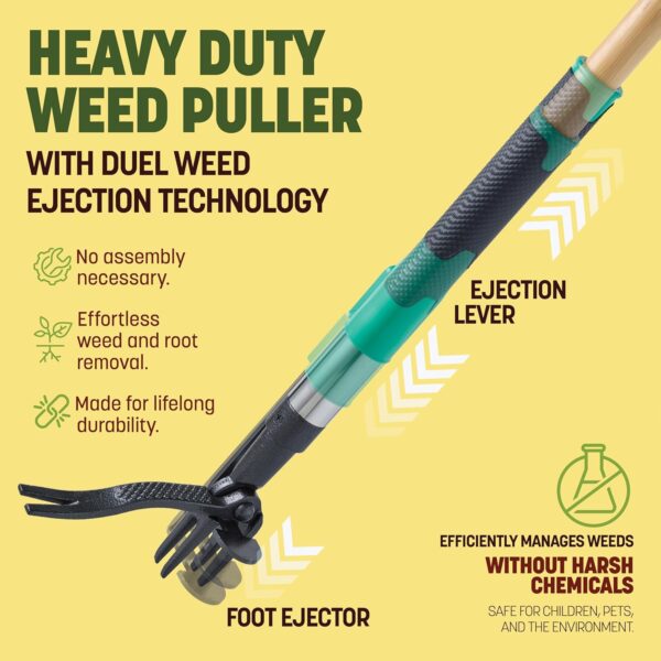 Papa's Tools Weed Puller Tool, 44" Stand Up Weeder Garden Tools & 4 Claw Steel Head, Dual Weed Eject Tech. Made With Real Bamboo & Long Wooden Handle, Yard Weeding Remover For Gardening Men & Women - Image 5