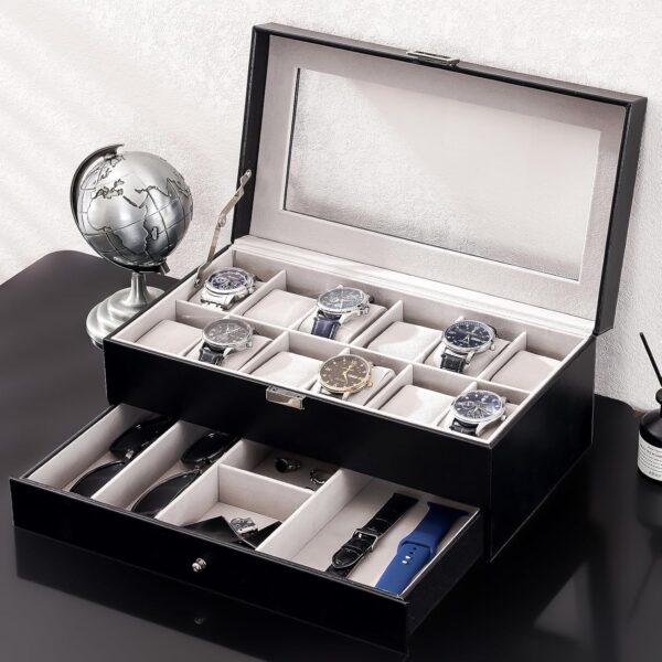 ProCase Watch Box for Men, 12 Slot Mens Watch Case With Drawer, Watch Display Case With Glass Lid, 2-Layer Watch Holder Organizer, Jewelry and Watch Storage for Men Women -12Slot, Black - Image 5