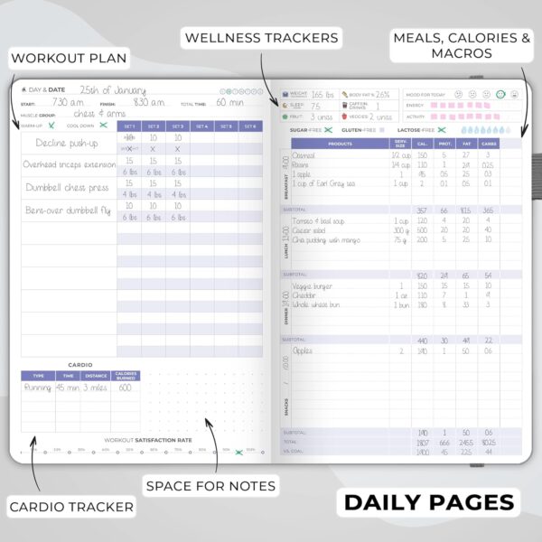 Clever Fox Fitness & Food Journal – Nutrition & Workout Planner for Women & Men – Diet & Gym Exercise Log Book with Calendars, Diet & Training Trackers - Undated, A5 Size, Hardcover (Grey) - Image 5