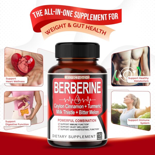 Berberine Supplement - Enhanced with Ceylon Cinnamon, Turmeric, Milk Thistle, Bitter Melon for Digestion, Immunity & Weight Managament (150 Count (Pack of 1)) - Image 5