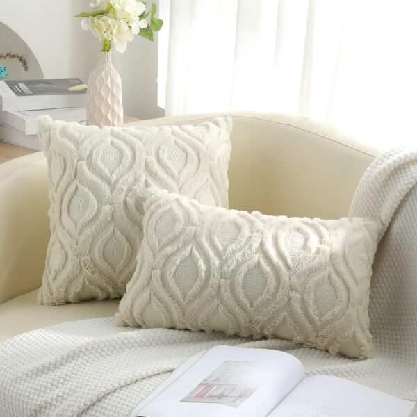 decorUhome Throw Pillow Covers 18x18 Inch Set of 2, Soft Plush Faux Wool Beige Solid Couch Pillow Covers, Accent Farmhouse Neutral Square Pillow Cases for Sofa Bed Living Room Home Decor - Image 8