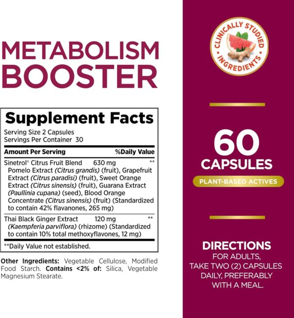 Nature's Bounty Optimal Solutions Metabolism Booster Supplement, Boosts Fat Metabolism, Promotes Abdominal Fat Loss, With Citrus Extracts and Black Ginger, 60 Capsules - Image 2