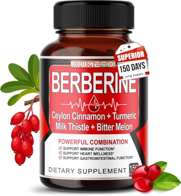 Berberine Supplement - Enhanced with Ceylon Cinnamon, Turmeric, Milk Thistle, Bitter Melon for Digestion, Immunity & Weight Managament (150 Count (Pack of 1))