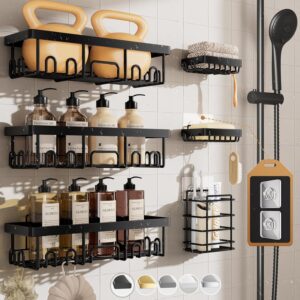 Veken Rustproof & Waterproof Shower Caddy 6-Pack, No Drilling Adhesive Shelves Rack with Soap Holder, Large Capacity Bathroom Organizers and Storage, Wall-Mounted Kitchen & Home Decor