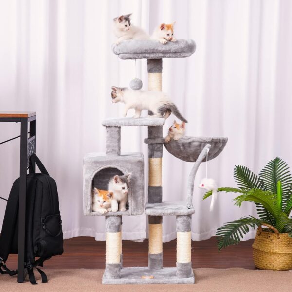 Heybly Cat Tree with Toy, Cat Tower condo for Indoor Cats, Cat House with Padded Plush Perch, Cozy Hammock and Sisal Scratching Posts, Light Gray HCT004SW - Image 2