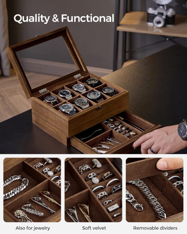 SONGMICS 8-Slot Watch Box, 2-Tier Watch Display Case with Large Glass Lid, Removable Watch Pillows, Velvet Lining, Jewelry Box, Gift Idea, Rustic Walnut UJOW008K01 - Image 4