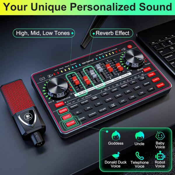 Podcast Microphone Bundle with Live Sound Board Audio Mixer, Podcast Equipment Bundle with 3.5mm Condenser Microphone for Pc/Phone Live Streaming Singing Gaming, Soundboard with Voice Changer, Denoise - Image 3