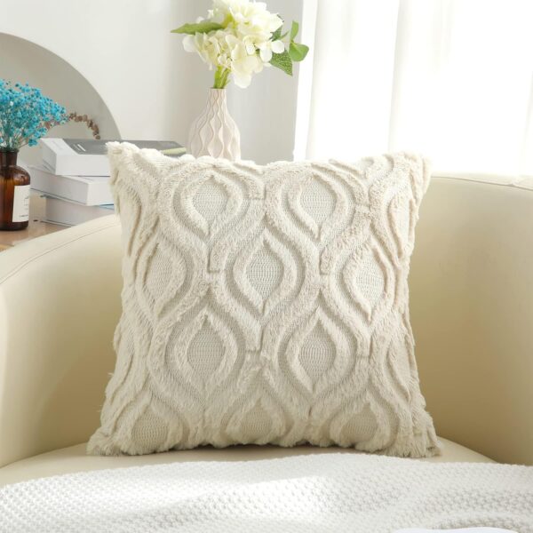 decorUhome Throw Pillow Covers 18x18 Inch Set of 2, Soft Plush Faux Wool Beige Solid Couch Pillow Covers, Accent Farmhouse Neutral Square Pillow Cases for Sofa Bed Living Room Home Decor - Image 7