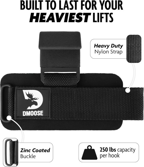 DMoose Fitness Weight Lifting Hooks (Pair) for Deadlifts, Pull Ups & Shrugs - 500 Lbs Capacity, Thick Wrist Padding - Heavy Duty Gym Workout Grips Straps for Men and Women - Image 4