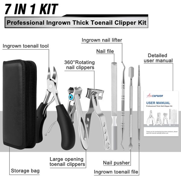 Toenail Clippers for Seniors Thick Toenails, Aucurwen Heavy Duty Toe Nail Clippers Adult Thick Nails Long Handle, Large Toenail Clippers for Thick Nails 7Pcs - Image 2