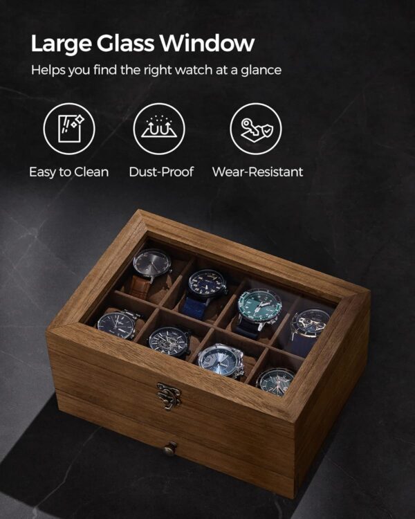 SONGMICS 8-Slot Watch Box, 2-Tier Watch Display Case with Large Glass Lid, Removable Watch Pillows, Velvet Lining, Jewelry Box, Gift Idea, Rustic Walnut UJOW008K01 - Image 7
