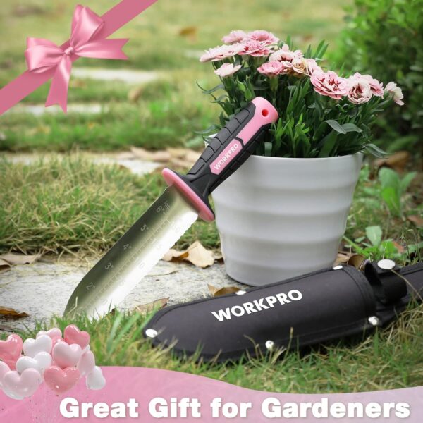 WORKPRO Hori Hori Garden Knife, 7" Stainless Steel Blade with Cutting Edge, Garden Tools with Oxford Sheath, Ergonomic TRP Handle with Hanging Hole for Weeding, Planting, Digging, Pink - Image 6