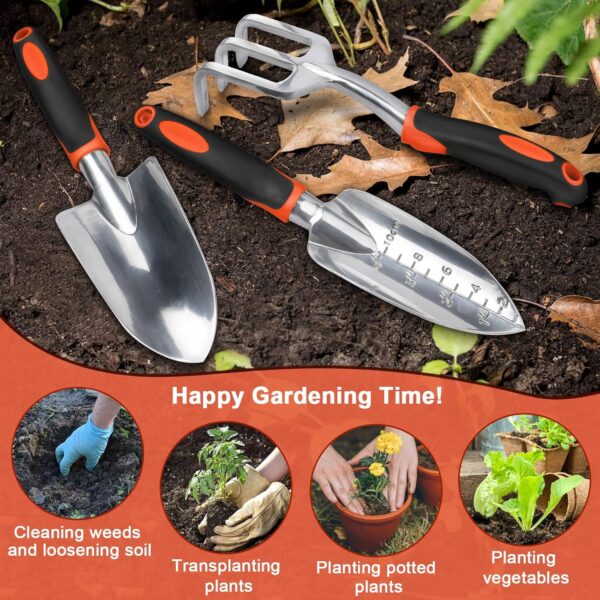 Garden Tools Set, 3 Pack Heavy Duty Gardening Tools Set Include Garden Shovel, Transplant Trowel and Hand Rake with Ergonomic Handle, Aluminum Alloy Lawn for Planting, Orange - Image 7