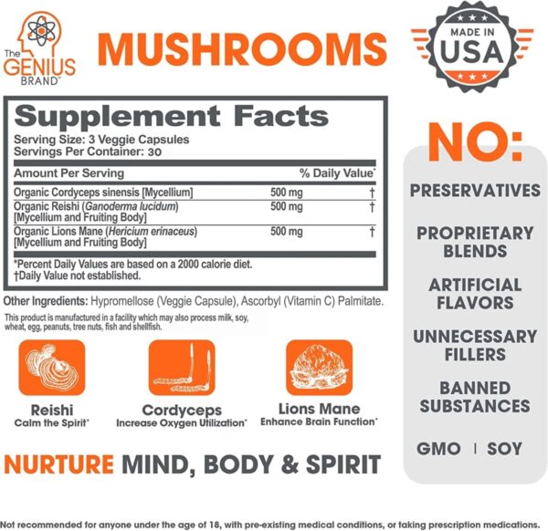 Genius Mushroom Supplement - Full-Spectrum Lion’s Mane, Cordyceps, Reishi -Daily Brain Nootropic for Energy, Focus, Memory & Overall Wellness - 90 Capsules – Organic for Mental Clarity & Performance - Image 2