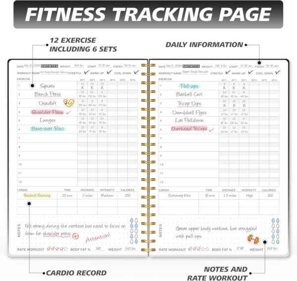 Fitness Journal Workout Planner for Women & Men - A5(5.5" x 8.5") Sturdy Workout Log Book for Gym & Personal Home Workouts - Black - Image 3