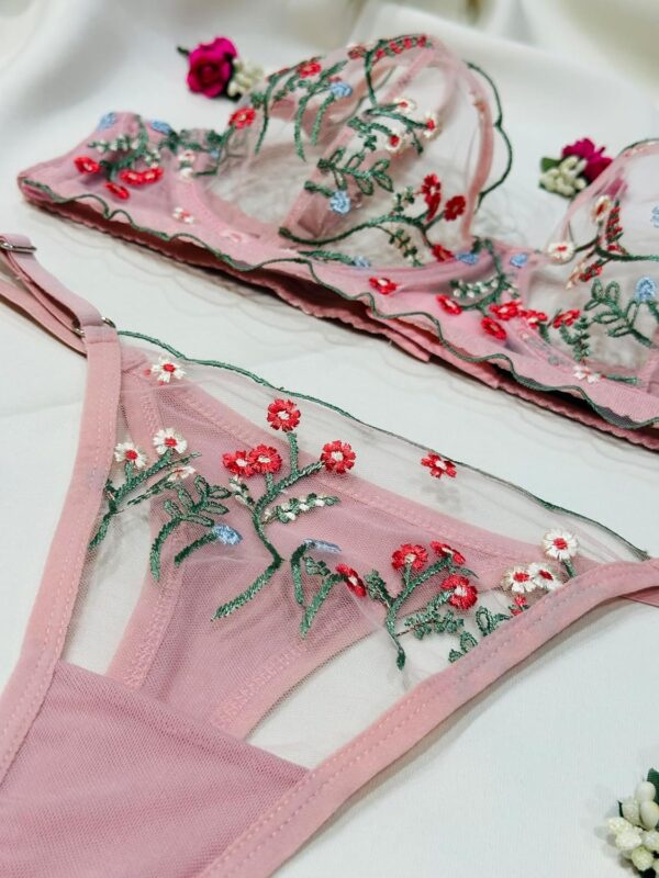 Sheer Floral Colorful Embroidery Underwire Bra and Underwear Panty Matching Set Pink Lingerie For Women - Image 5