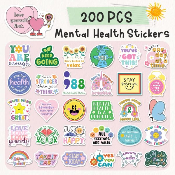 200PCS Mental Health Stickers, Mental Health Matters Awareness Stickers for Kids Adults Positive Therapy Vinyl Decals for Water Bottles Therapist Must Haves - Image 2
