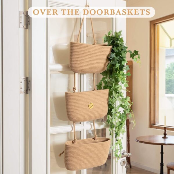 TeoKJ Over the Door Hanging Basket, 3-Tier Woven Cotton Wall-Mounted Storage Organizer Bag Decorative Hanging Nursery Baskets - Jute - Image 8
