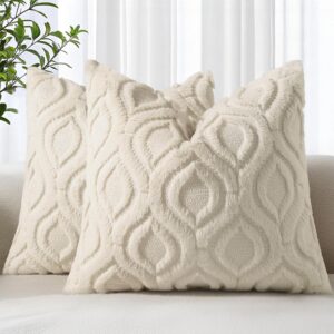 decorUhome Throw Pillow Covers 18x18 Inch Set of 2, Soft Plush Faux Wool Beige Solid Couch Pillow Covers, Accent Farmhouse Neutral Square Pillow Cases for Sofa Bed Living Room Home Decor