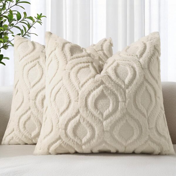 decorUhome Throw Pillow Covers 18x18 Inch Set of 2, Soft Plush Faux Wool Beige Solid Couch Pillow Covers, Accent Farmhouse Neutral Square Pillow Cases for Sofa Bed Living Room Home Decor