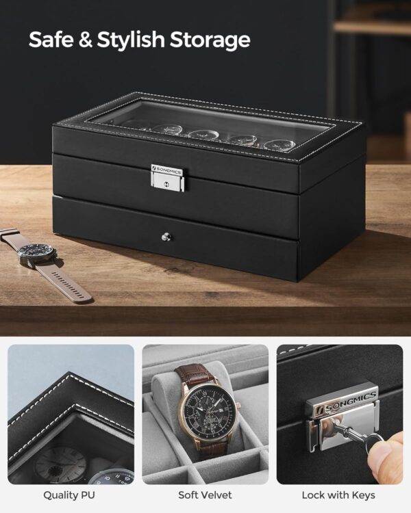 SONGMICS 12-Slot Watch Box, Lockable Watch Case with Glass Lid, 2 Layers, with 1 Drawer for Rings, Bracelets, Gift Idea, Black Synthetic Leather, Gray Lining UJWB012 - Image 4