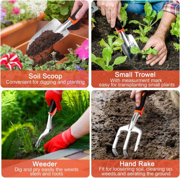 Garden Tools Set, 8 Piece Gardening Tools Set with Non Slip Ergonomic Handle, Heavy Duty Garden Tool Set with Storage Bag, Gardening Kit for Women, Garden Hand Tools Gift for Women and Men, Orange - Image 5