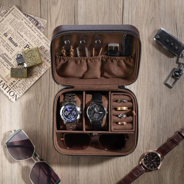 ProCase Father's Day Gift Travel Watch Case, 2 Slots PU Leather Mens Jewelry Box, Portable Watches Cufflinks Accessories Storage Case, Zippered Carrying Organizer Bag for Man -Brown - Image 8