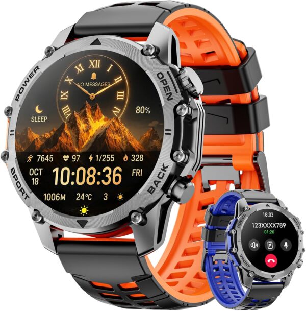 Smart Watch (Call/Notification),1.52'' Military Smart Watches for Men, Two Style Kits,Flashlight,100+Sport Modes/Heart Rate/Sleep Monitor/Pedometer, Fitness Tracker Android Phones iPhone Compatible