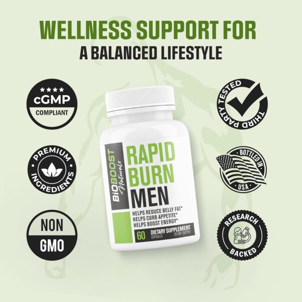 Rapid Fat Burner MEN | 7 Powerful Ingredients for Male Fat Loss, Appetite Suppressant + Carb Blocker | Lose Belly Fat, Increase Energy, Size, Stamina & Sustain Muscle Mass - 60 Capsules for Men - Image 5