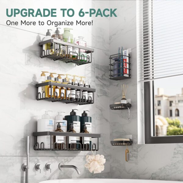Veken Rustproof & Waterproof Shower Caddy 6-Pack, No Drilling Adhesive Shelves Rack with Soap Holder, Large Capacity Bathroom Organizers and Storage, Wall-Mounted Kitchen & Home Decor - Image 6