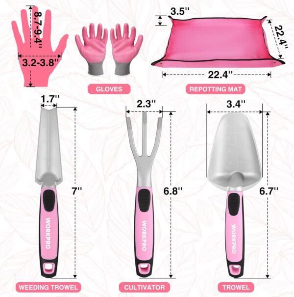 WORKPRO 5PCS Garden Tool Set, Powder Coating Compact Aluminum Gardening Tool Set with Repotting Mat, Outdoor Garden Hand Tools, Ideal Gardening Gift, Pink - Image 3