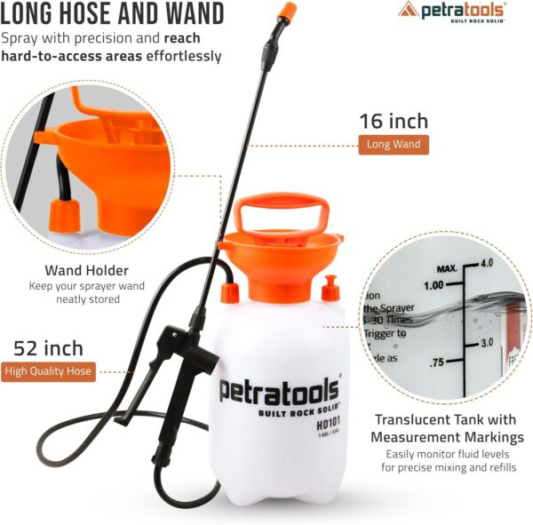 Petratools 1 Gallon Pump Sprayer – HD101 Garden Sprayer for Weeds, Lawn Care & Pesticides – 52” Long Hose, 2 Nozzles & Easy Carry Handle – Durable & Lightweight - Image 5