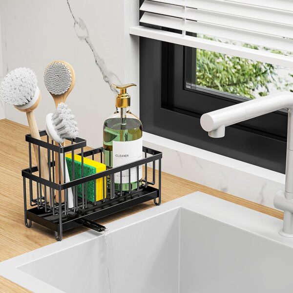 Cisily Black Sponge Holder for Kitchen Sink, Sink Caddy Organizer with High Brush Holder, Kitchen Countertop Organizers and Storage Essentials, Rustproof 304 Stainless Steel, Soap Dispenser Organize - Image 7