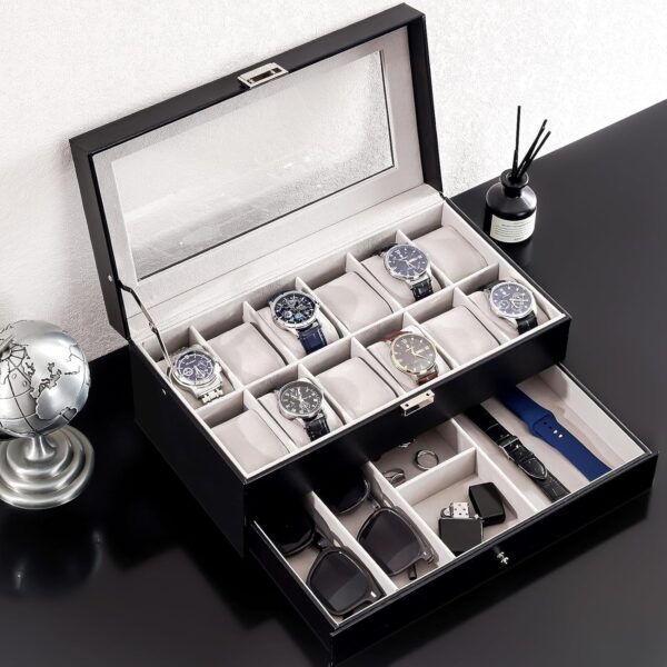 ProCase Watch Box for Men, 12 Slot Mens Watch Case With Drawer, Watch Display Case With Glass Lid, 2-Layer Watch Holder Organizer, Jewelry and Watch Storage for Men Women -12Slot, Black - Image 7