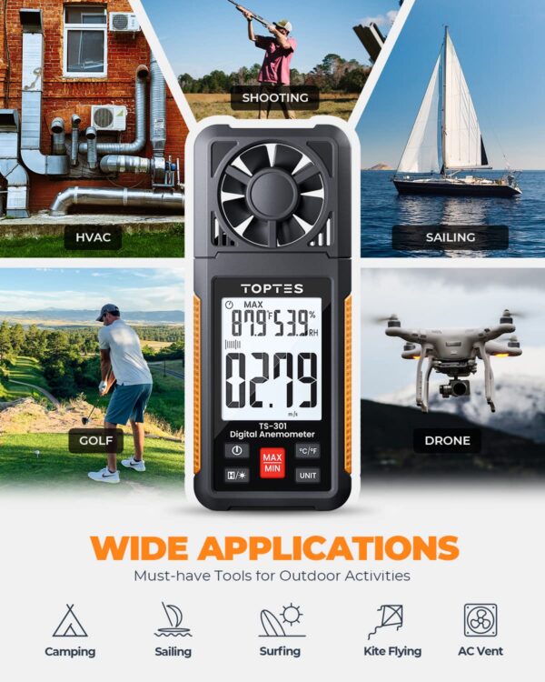 TS-301 Digital Anemometer, Wind Speed Meter with 2.26-inch Big Backlight LCD Screen, Air Flow Meter for Sailing Surfing Drone Flying RC Plane Golf Shooting HVAC - Image 5