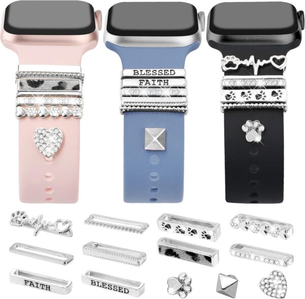 JR.DM 13 Pcs Silver Watch Band Charms with 10-Pcs Decorative Rings Loops 3-Pcs Decoration, Compatible with Apple Watch Band Metal Diamond Sliding Accessories for iWatch Series 10 9 8 7 6 5 4 3 2 1