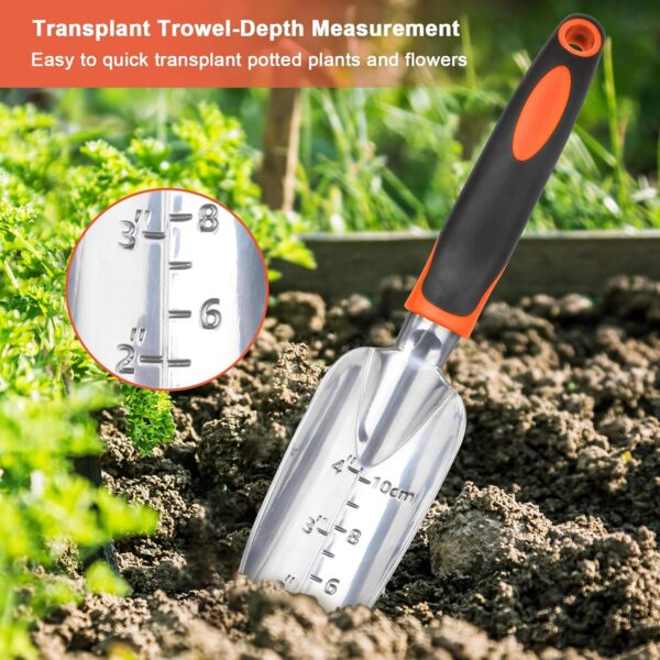 Garden Tools Set, 3 Pack Heavy Duty Gardening Tools Set Include Garden Shovel, Transplant Trowel and Hand Rake with Ergonomic Handle, Aluminum Alloy Lawn for Planting, Orange - Image 5
