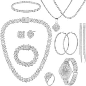 NEWITIN 13 Pieces Silver Jewelry Set for Women Stainless Steel Cuban Link Necklaces Bracelets Earrings Watch Ring Bling Cubic Zirconia Cuban Jewelry Set for Women Men