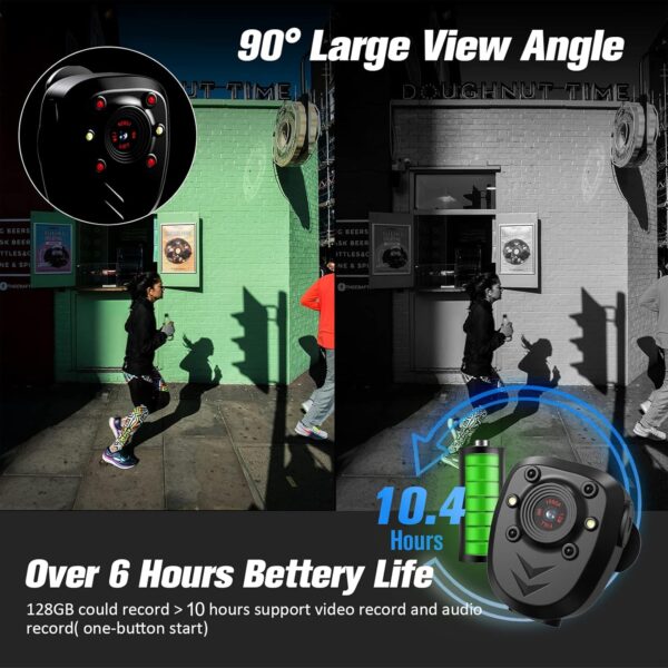 Mini Body Camera Video Recorder Built-in 128GB Memory Card with Night Vision IR & Loop Record HD 1080P, 4-6 HR Battery Life Wearable Police Cam for Home, Outdoor, Law Enforcement, Security Guard - Image 3