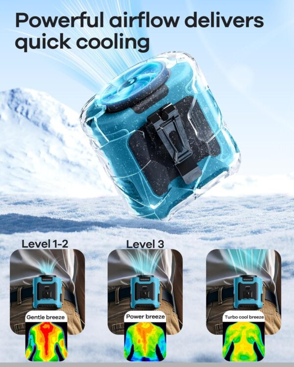 2025 Upgrade Portable Waist Fan Clip on 10000mAh Body Wearable Belt Clip Fan Undershirt Personal Cooling Neck Fans with 5 Speeds Flashlight&Power Bank 40H Cooling For Outdoor Camping Travel (Blue) - Image 3