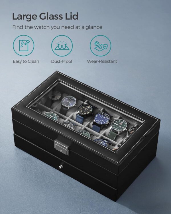 SONGMICS 12-Slot Watch Box, Lockable Watch Case with Glass Lid, 2 Layers, with 1 Drawer for Rings, Bracelets, Gift Idea, Black Synthetic Leather, Gray Lining UJWB012 - Image 5