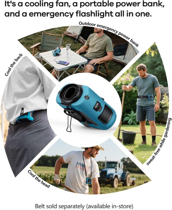 2025 Upgrade Portable Waist Fan Clip on 10000mAh Body Wearable Belt Clip Fan Undershirt Personal Cooling Neck Fans with 5 Speeds Flashlight&Power Bank 40H Cooling For Outdoor Camping Travel (Blue) - Image 5