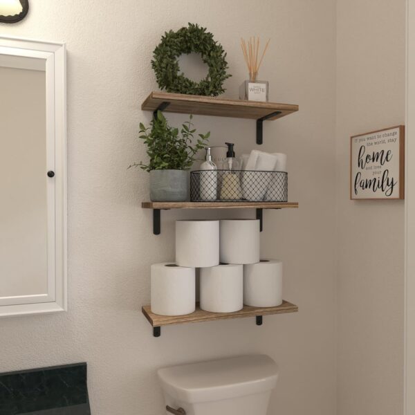 WOPITUES Wood Floating Shelves Set of 6, Shelves for Wall Decor, Farmhouse Shelf for Bedroom, Bathroom Storage Shelves, Book Shelves for Living Room - Rustic Brown - Image 4
