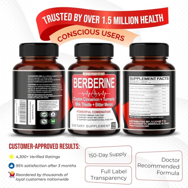 Berberine Supplement - Enhanced with Ceylon Cinnamon, Turmeric, Milk Thistle, Bitter Melon for Digestion, Immunity & Weight Managament (150 Count (Pack of 1)) - Image 9