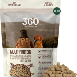 360 Pet Nutrition Freeze-Dried Raw Dog Food, High-Protein Complete Meal w/Beef, Chicken, Fish, Organs, Superfoods, No Fillers, 16 oz Bites/Kibble (Multi-Protein) – Made in USA