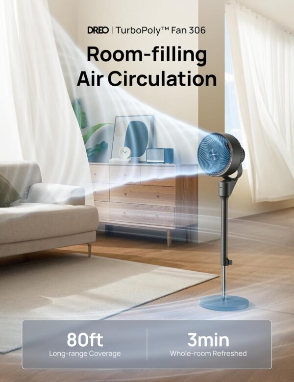 Dreo Fan for Bedroom, 80° Oscillating Standing Fan, 25dB Quiet, 80ft Pedestal Fans for Home Office, 90° Manual Vertical, 3 Speeds, Remote, 34-41" Adjustable Height, Air Circulator - Image 2