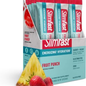 SlimFast Hydration Packets, Intermittent Fasting Electrolytes, Energy Powder Drink Mix, Caffeine from Natural Sources- Fruit Punch (12 Count)