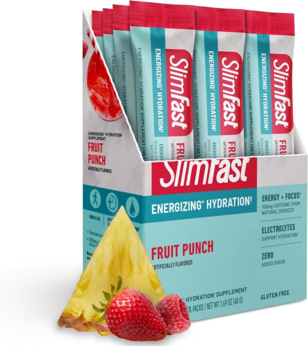 SlimFast Hydration Packets, Intermittent Fasting Electrolytes, Energy Powder Drink Mix, Caffeine from Natural Sources- Fruit Punch (12 Count)